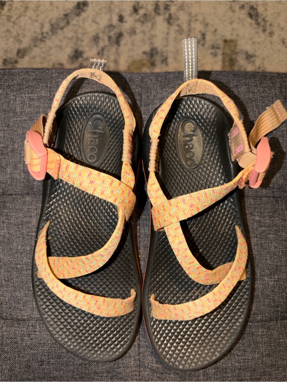 Chaco Women's Sport Sandals in Peach and Coral Straps with Black Footbed